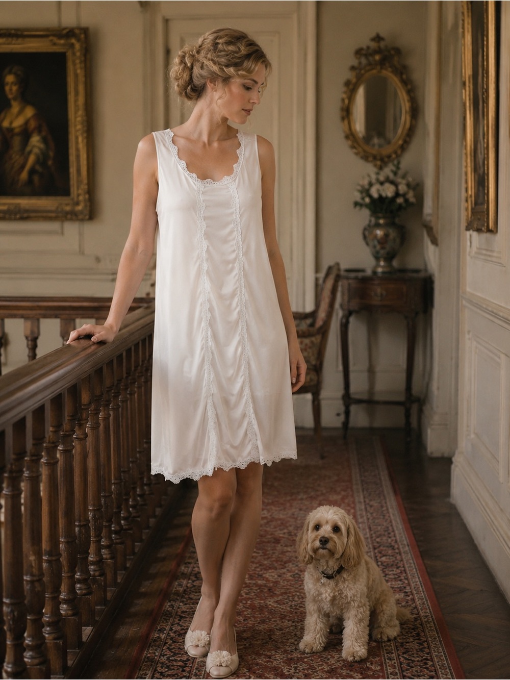 Bluish White Vintage Sears Satin and lace slip/dress